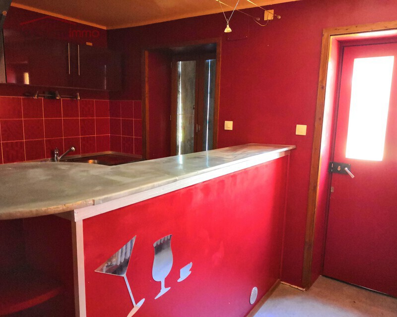 Bel ensemble immobilier - La cuisine du petit appartement avec son bar habillé de zinc