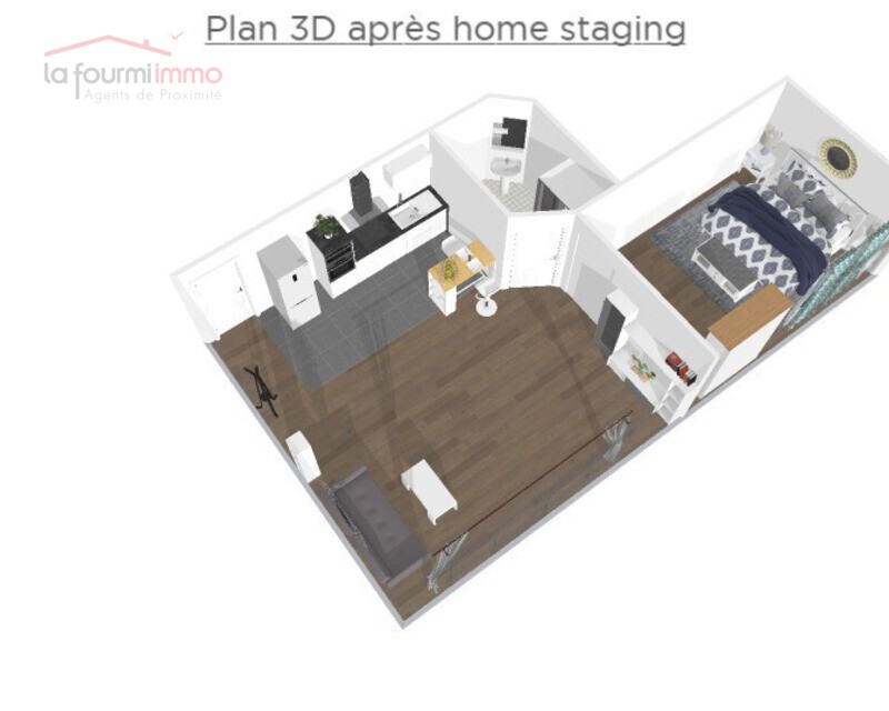 Appartement 2 pièces avec parking au calme  - Plan 3d après home staging 