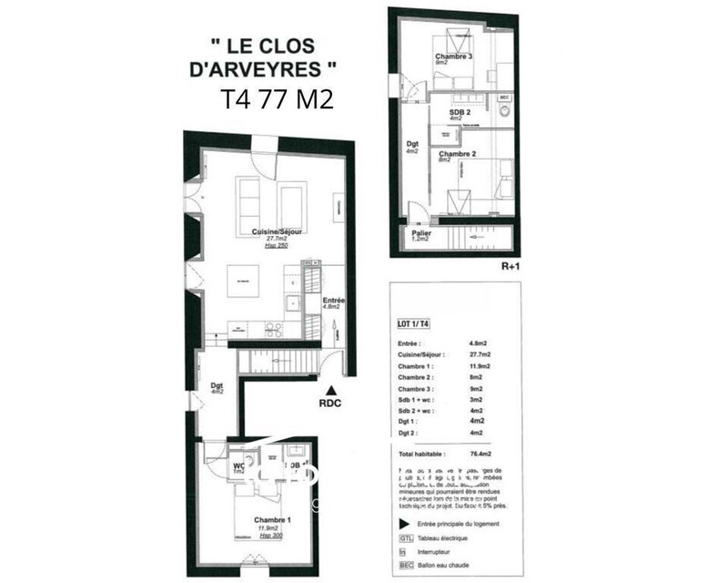 Appartement T4 Arveyres  - Plan t4 77 m   1 